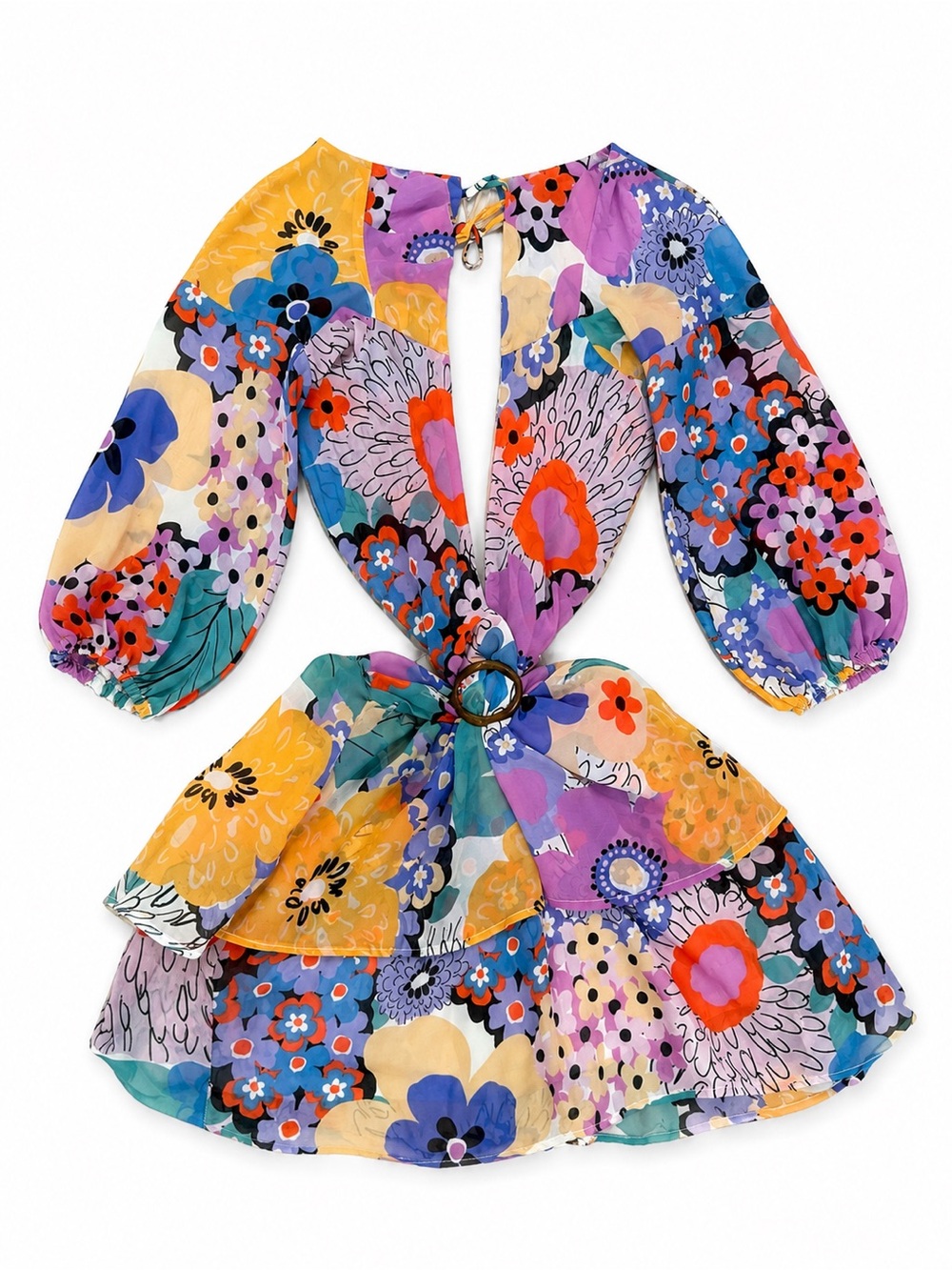 Truth Multicolor Floral Tiered Dress with Ring Front